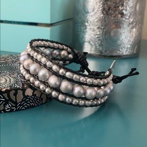 Silver & pearls braided bohemian style bracelet
